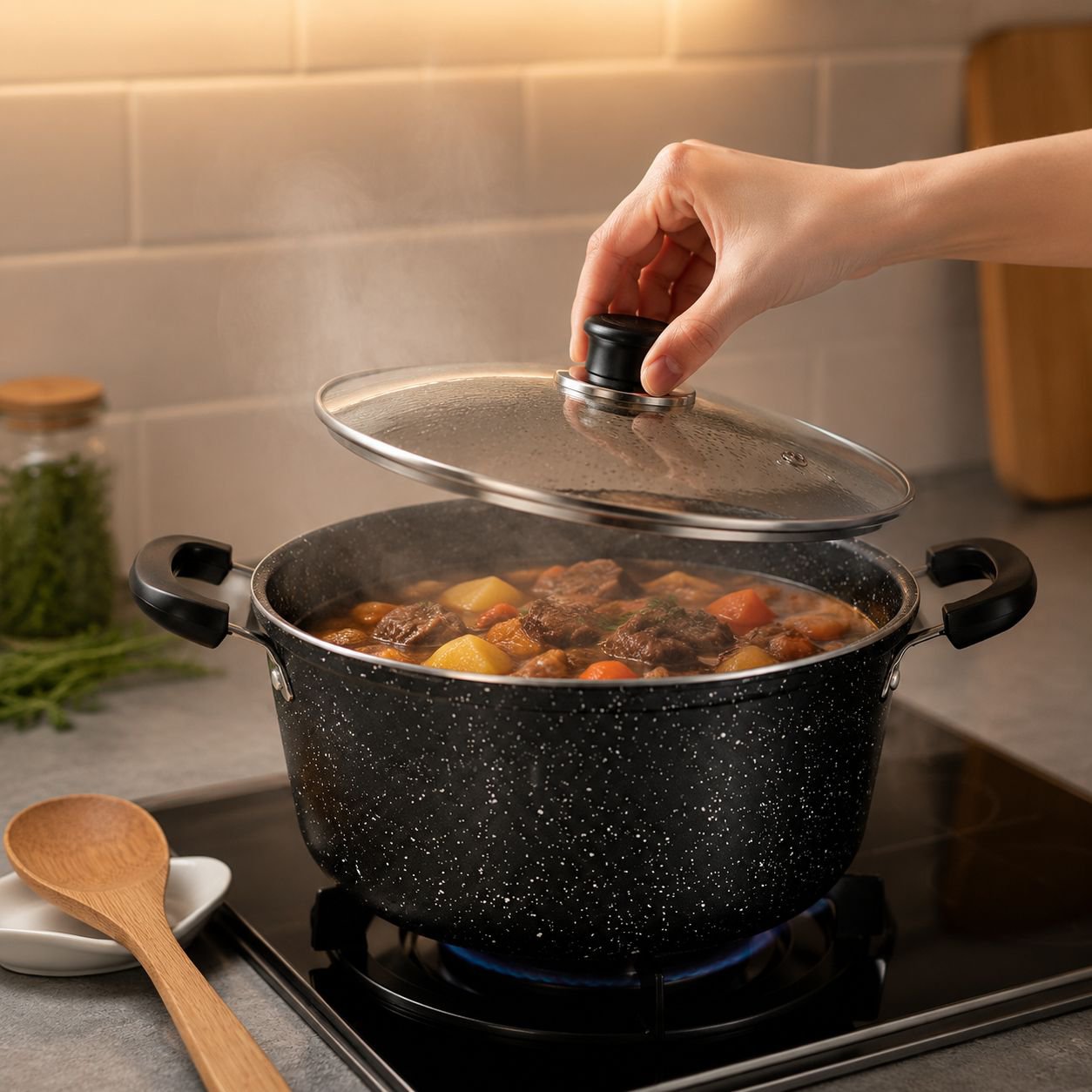 McRib Double Ear Soup Pot with lid on kitchen counter