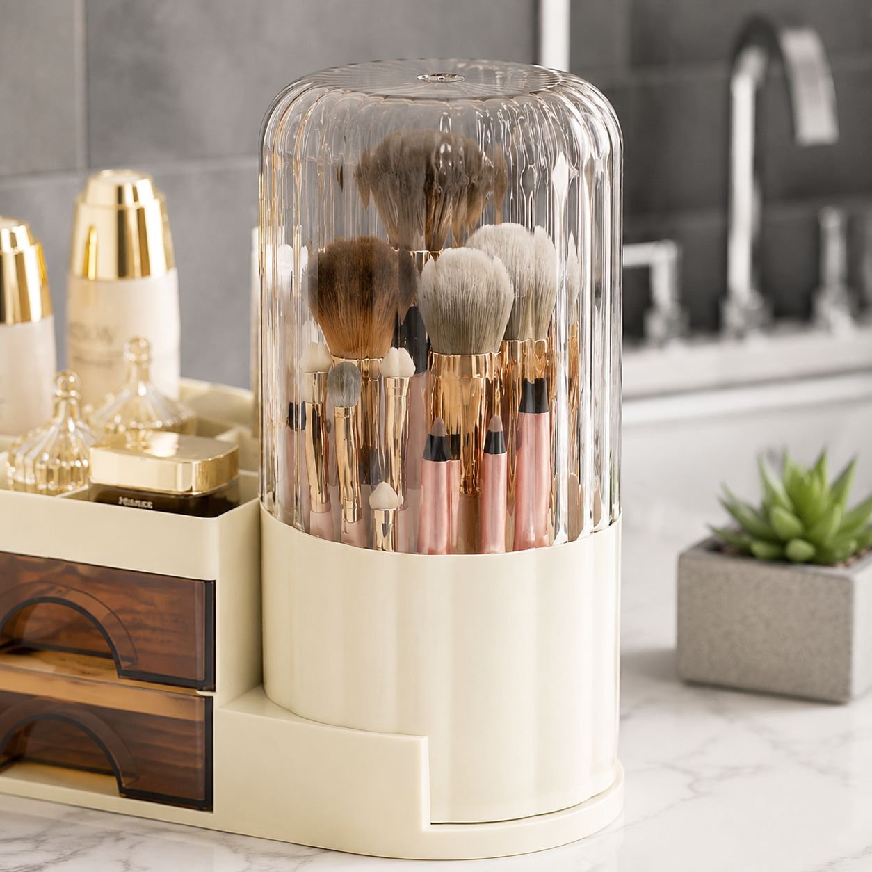Space-saving cosmetic organizer with rotating feature