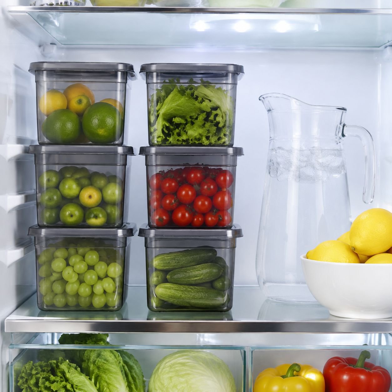 Multiple stackable fridge bins holding snacks and drinks