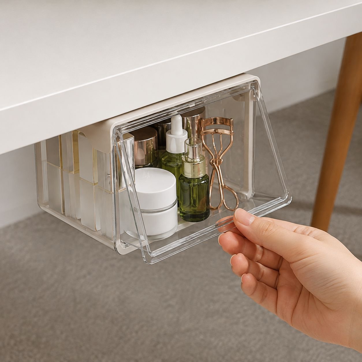 Under-Table Transparent Storage Box, 33° Tilt for Easy Access, Simple Installation