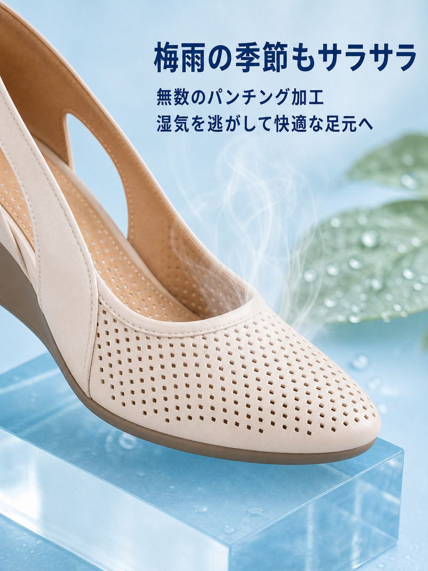 通気性抜群のパンチングデザインのパンプス