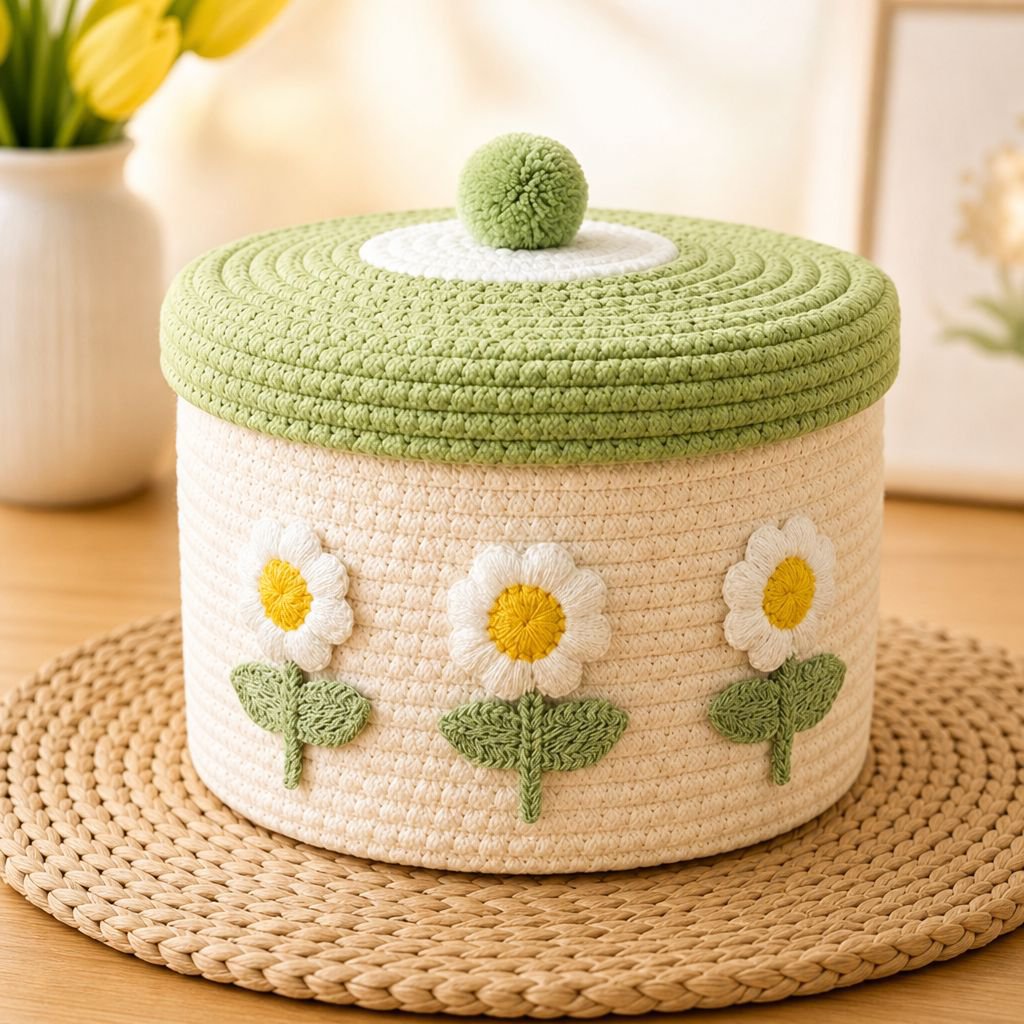 Panier de rangement tressé en coton avec couvercle posé dans un salon moderne