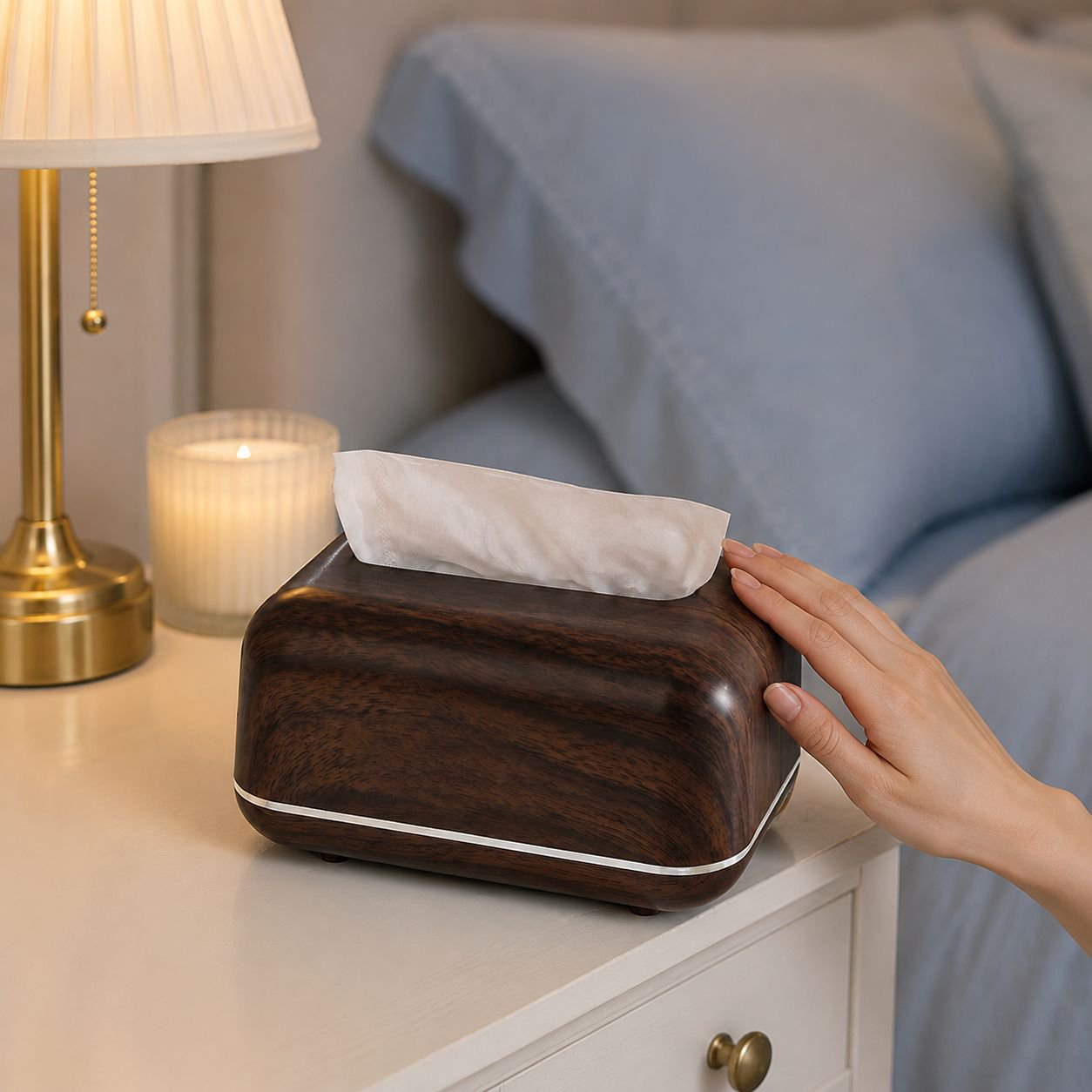 Close-up of walnut-look tissue box design details