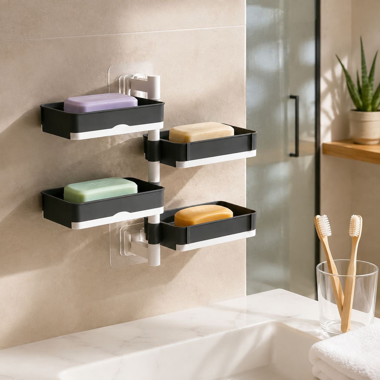 Jabonera giratoria multicapa para baño/aseo, instalación sin taladro