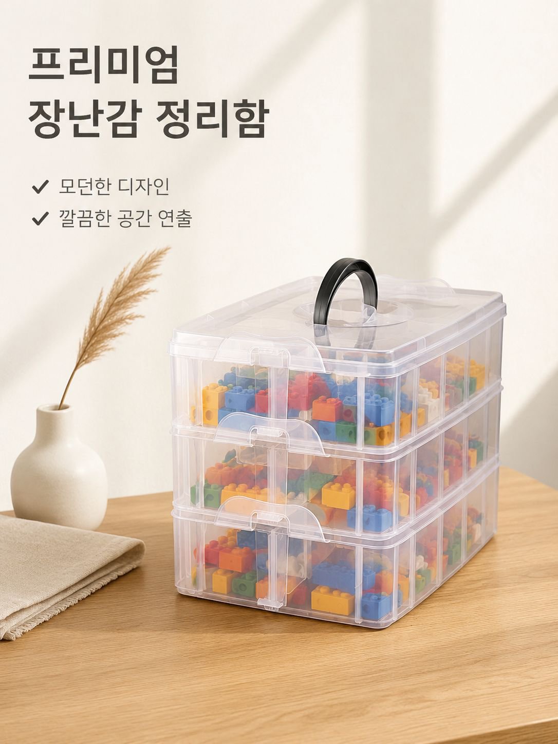 휴대용 3단 투명 수납박스 분리형 블록 장난감 정리함
