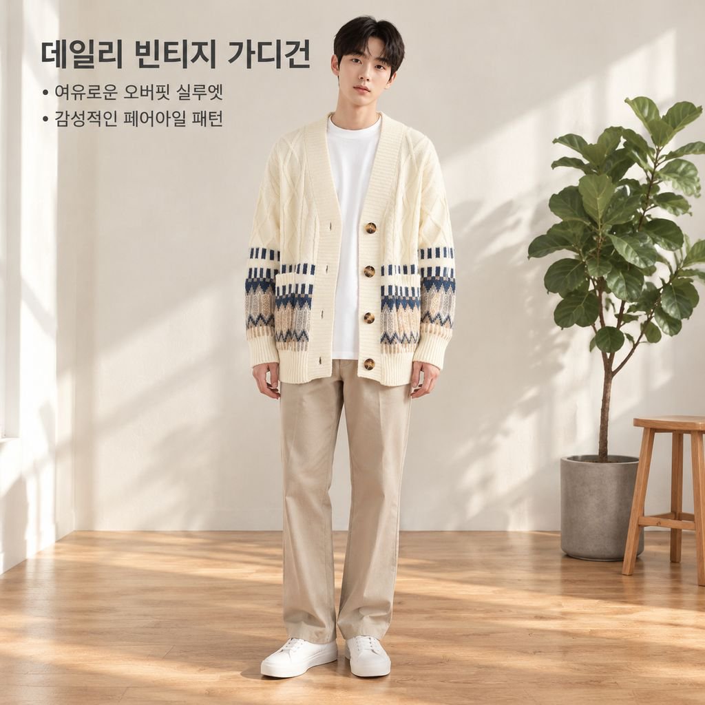 남성 빈티지 프레피룩 루즈핏 니트 가디건 봄 가을 커플 스웨터 아우터