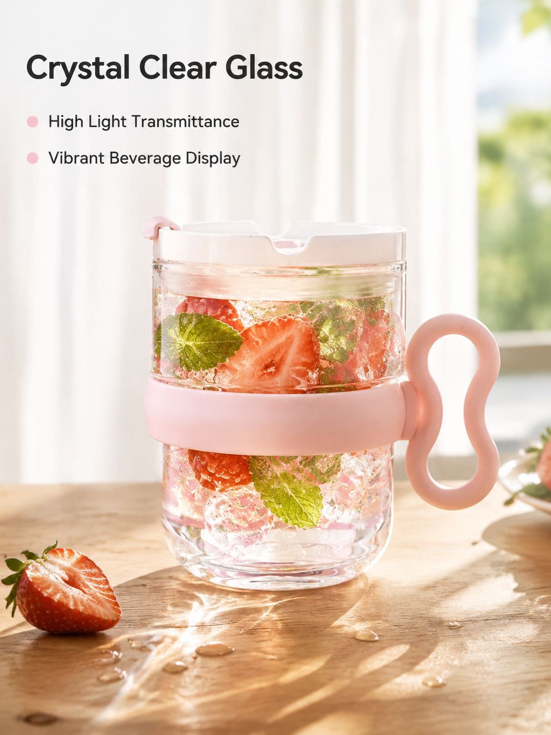 Clear glass cup with handle and lid