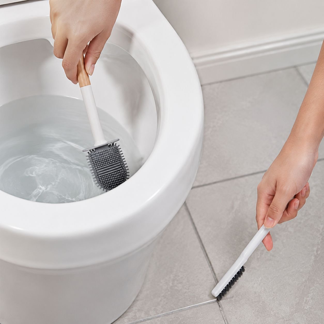 No-Drill Wall-Mounted Silicone Toilet Brush Set with Long Handle