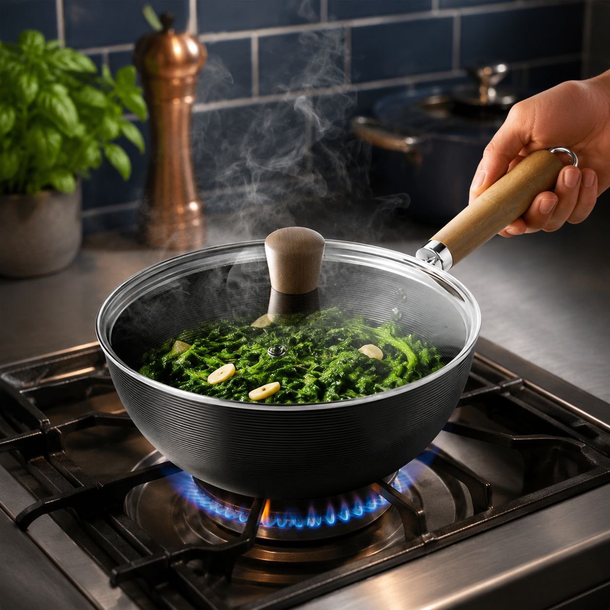 Easy-to-clean nonstick surface pan for solo cooking