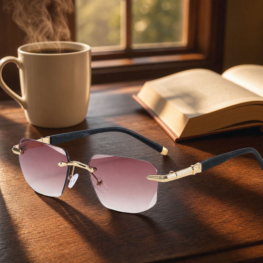 Ultra-light Rimless Progressive Photochromic Reading Glasses with Blue Light Blocking