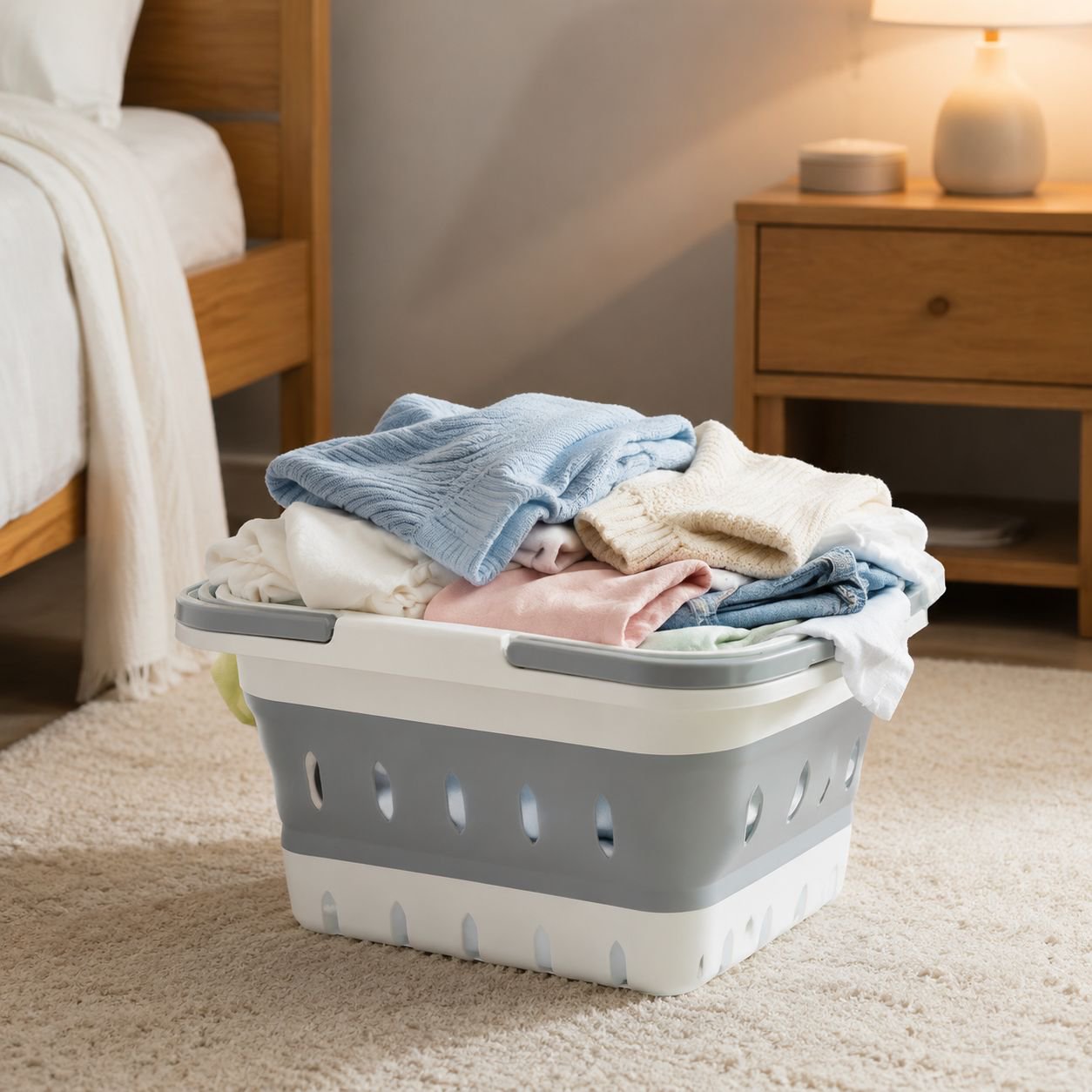 Portable foldable laundry hamper in modern bedroom