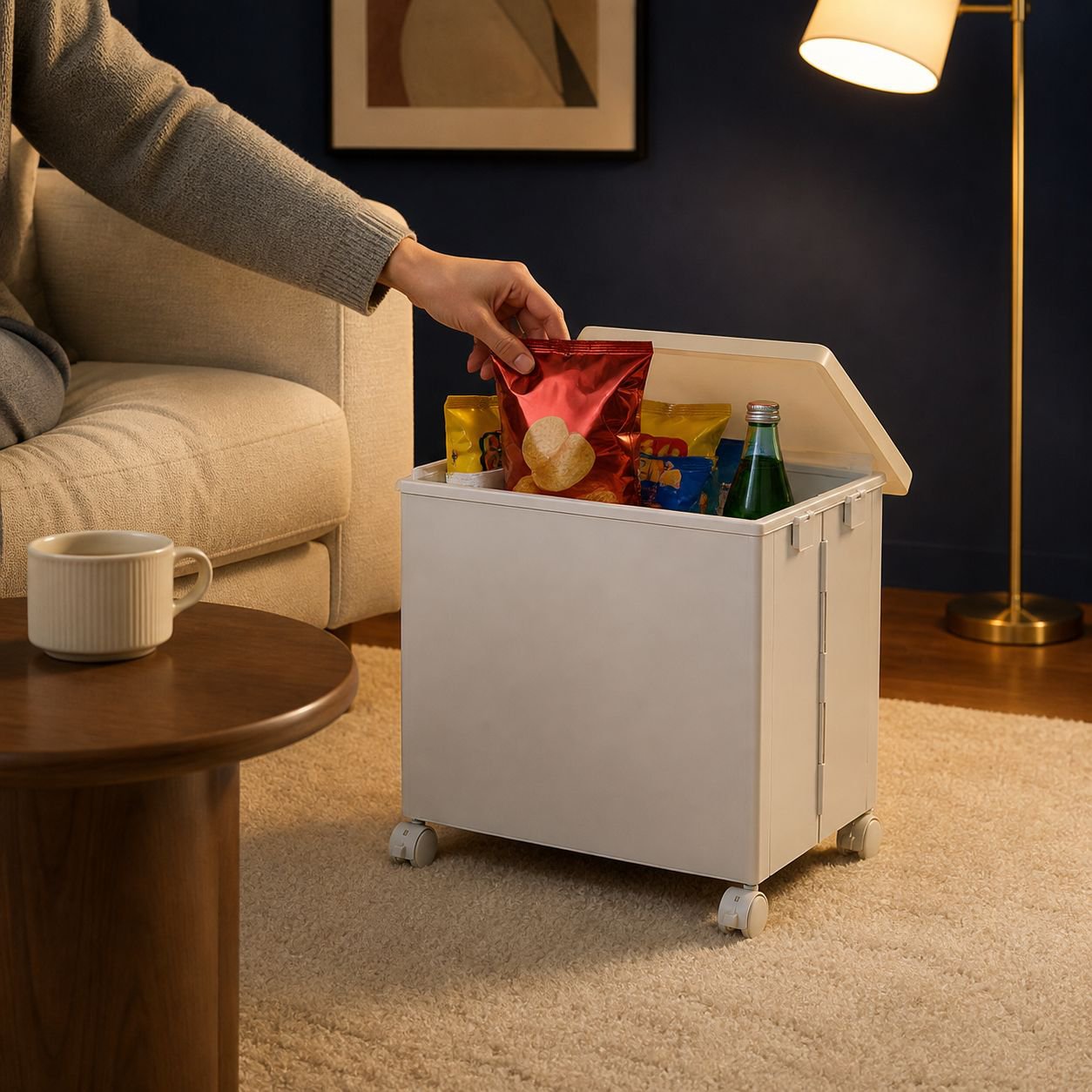 Portable under-desk trolley with wheels and lid for storing books, snacks, and other items; a foldab