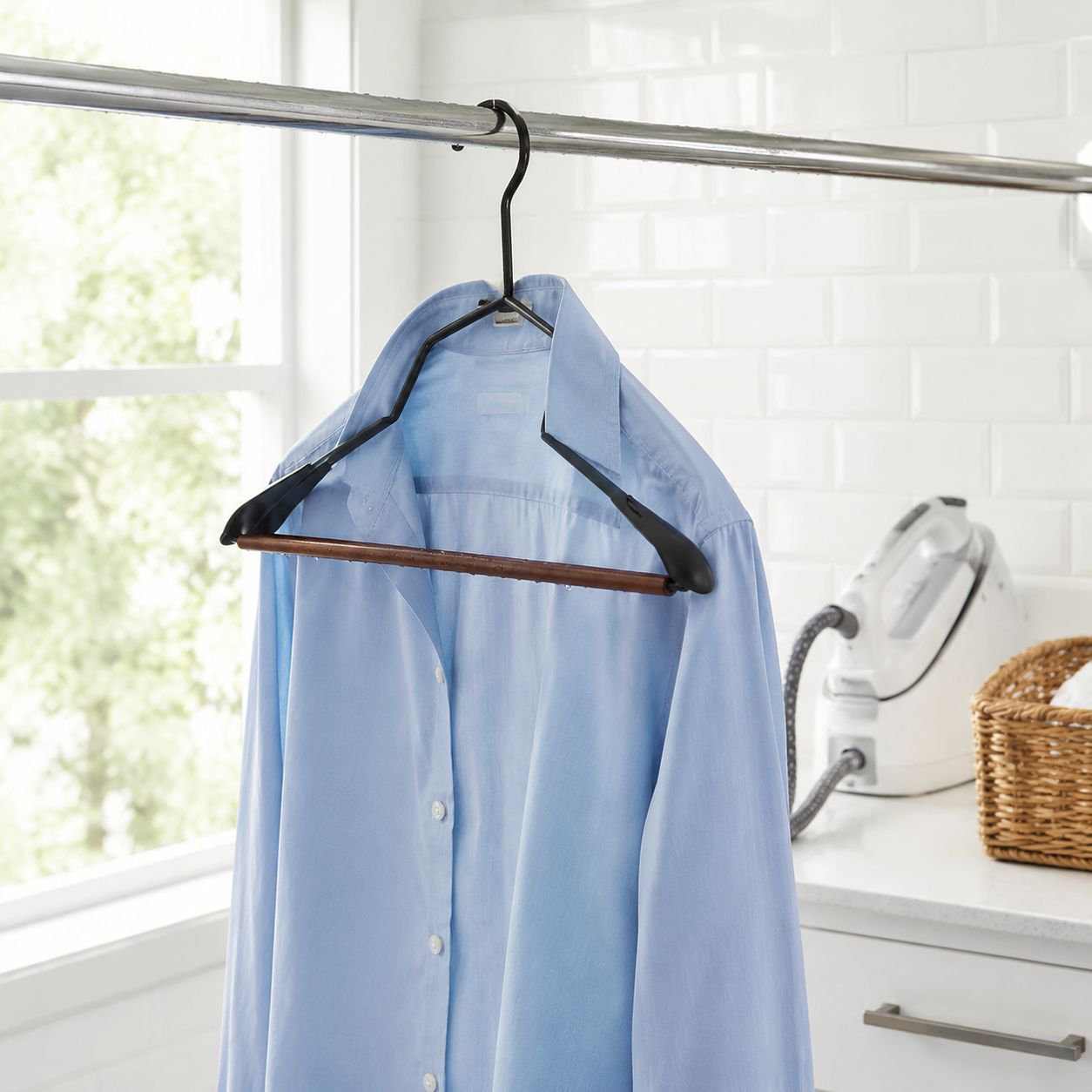 Durable wooden hanger holding shirts without marks