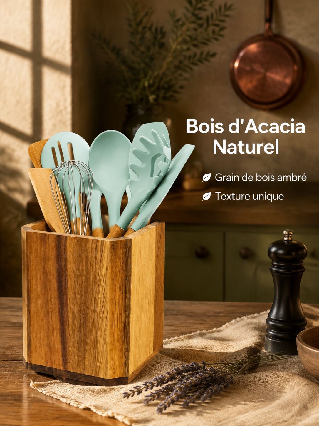 Acacia wood cutlery rack rotatable kitchen utensil storage box wooden tube chopstick cage pen holder