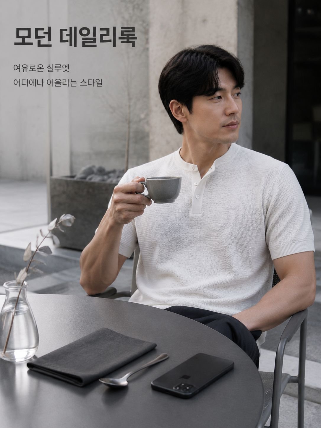 우아한 헨리넥 아이스 실크 니트 티셔츠