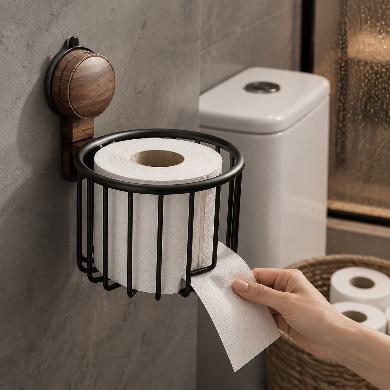 Modern bathroom setup with no-drill tissue holder basket