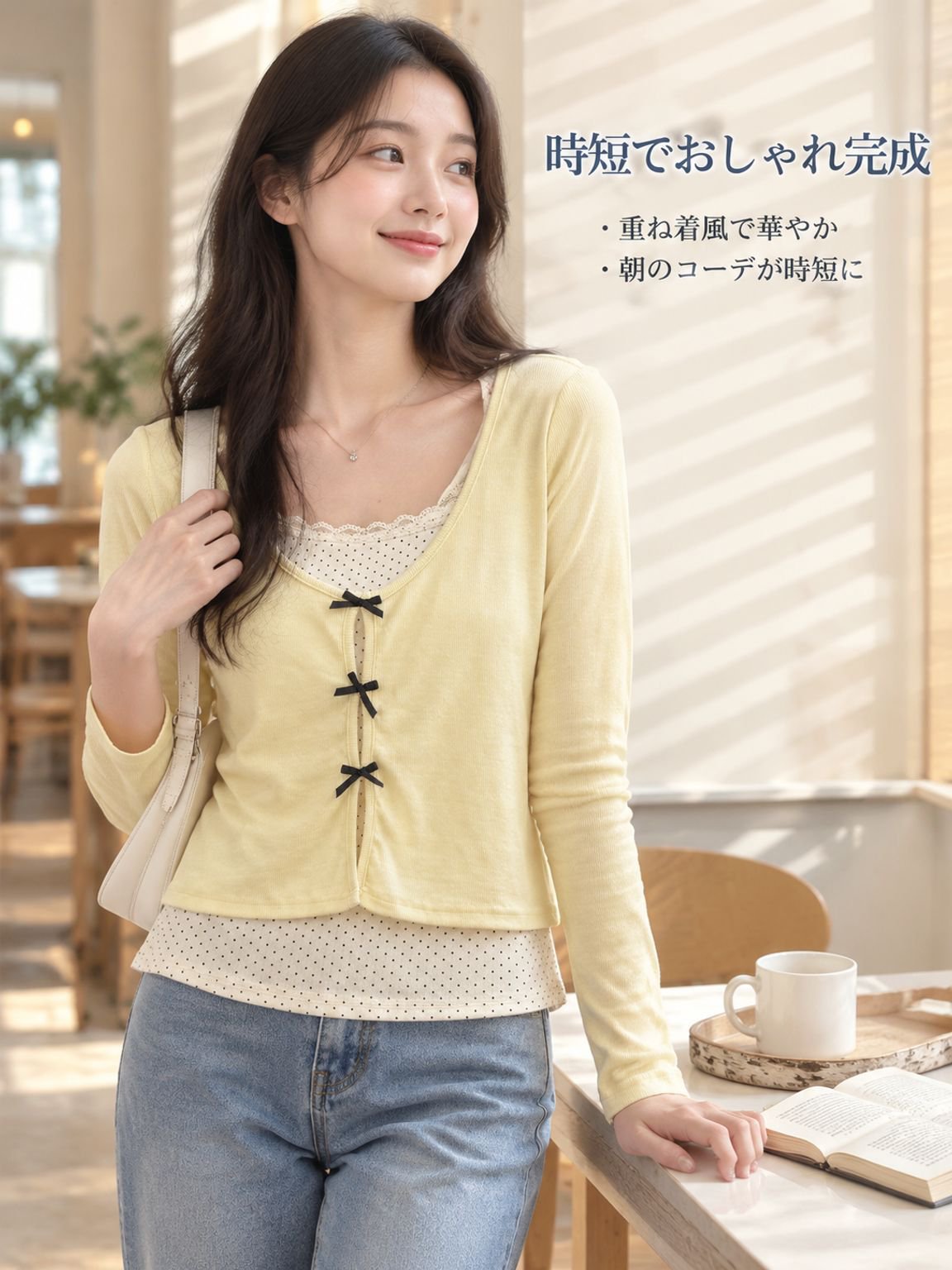 リボン付きレースレイヤード風長袖Tシャツ