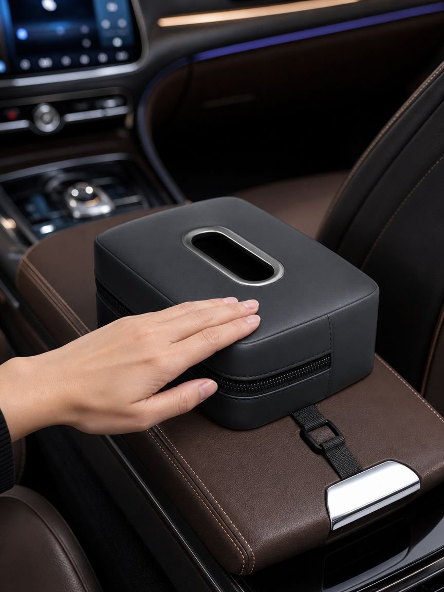 Accesorio práctico para mantener pañuelos a mano en el coche
