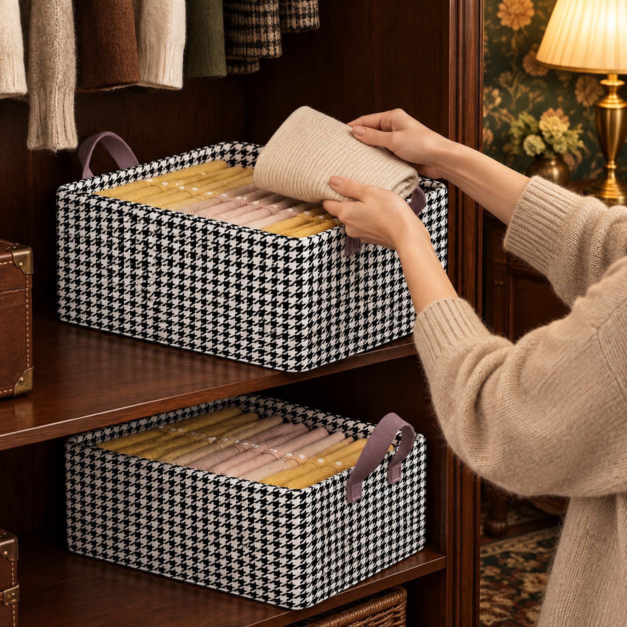 Houndstooth Pattern Steel Foldable Clothes Organizer Box with Handle, Suitable for Pants