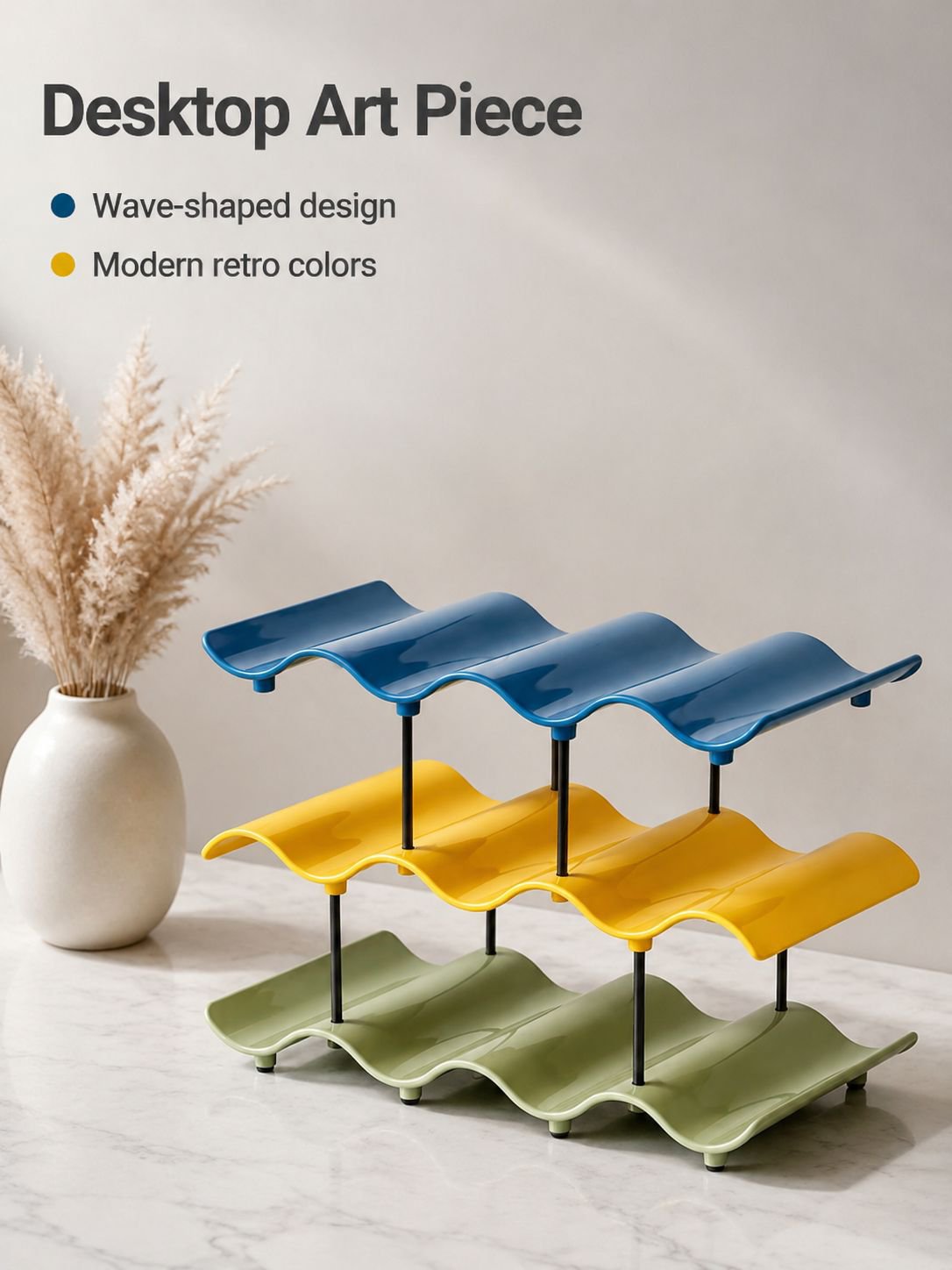 Wave-shaped cup organizer shelf holding ceramic mugs