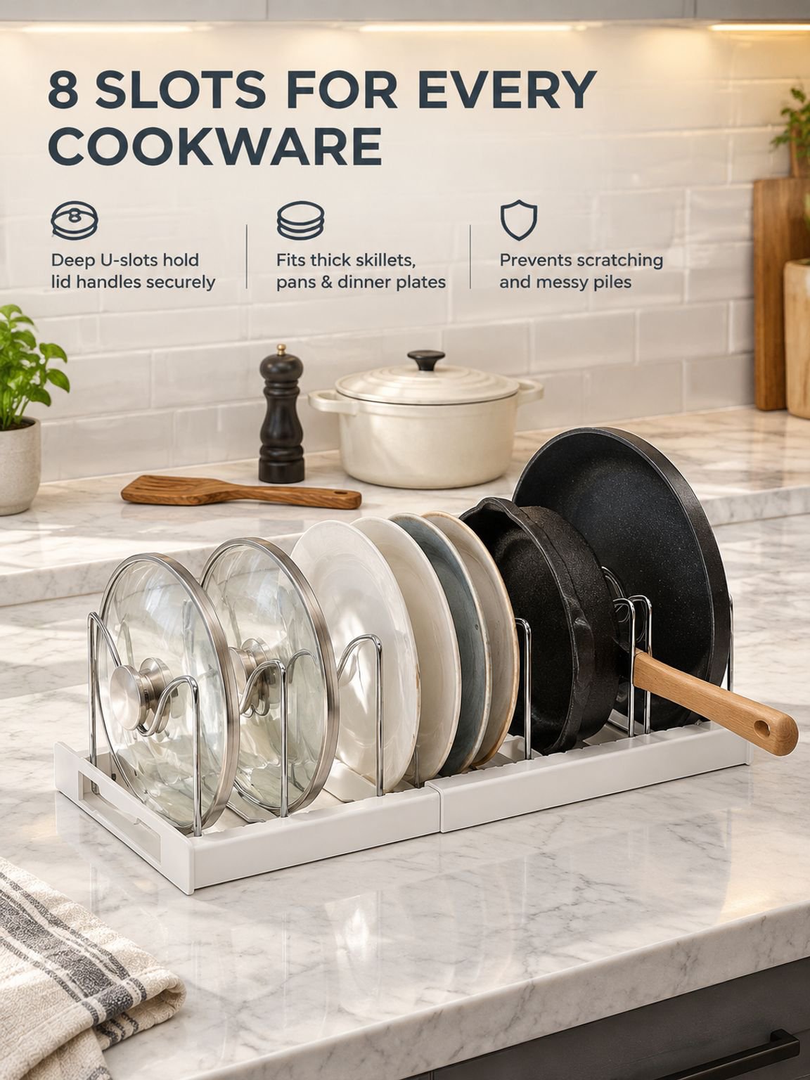 Adjustable kitchen organizer holding frying pans and saucepans