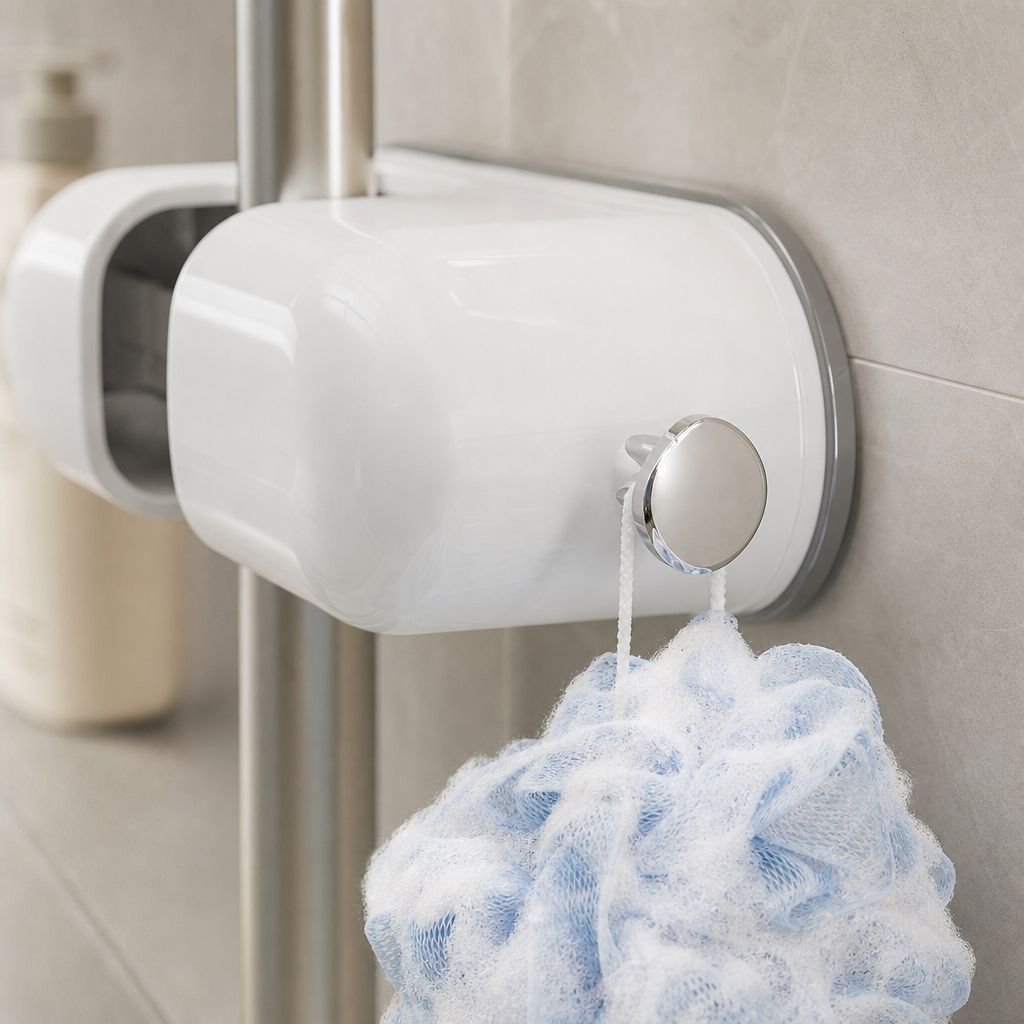 No-drill suction cup mop clip holding cleaning supplies