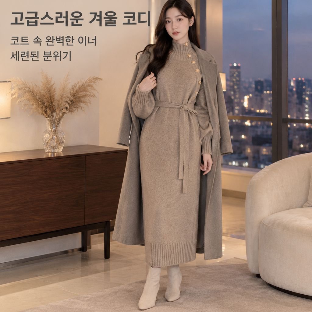 봄가을 여성 코트 이너 롱 니트 원피스 미디 스웨터 드레스