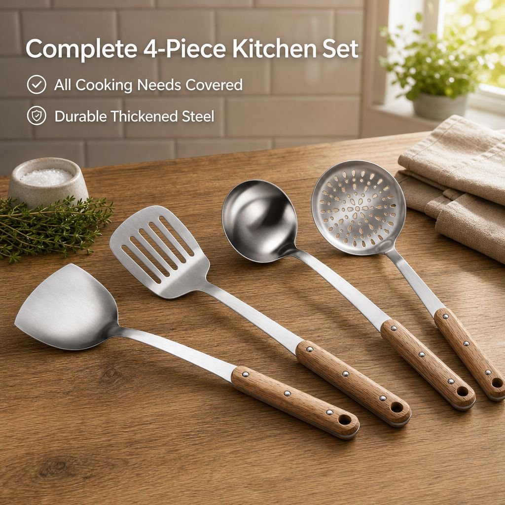 304 Stainless Steel Spatula Ladle Skimmer Set Thickened 3mm Solid Wood Handle