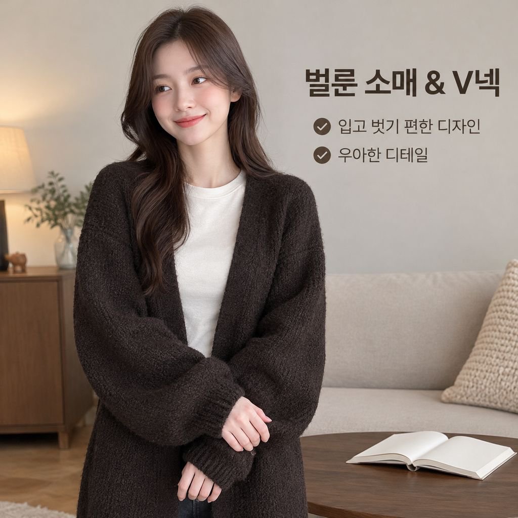 여성 가을겨울 루즈핏 퍼프소매 롱 니트 가디건 자켓