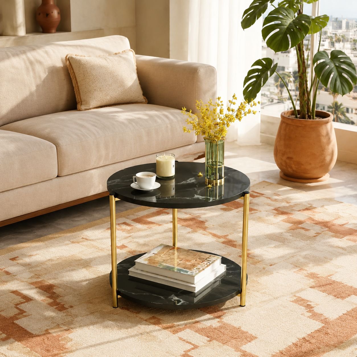 Sofá minimalista, mesa de centro para sala de estar