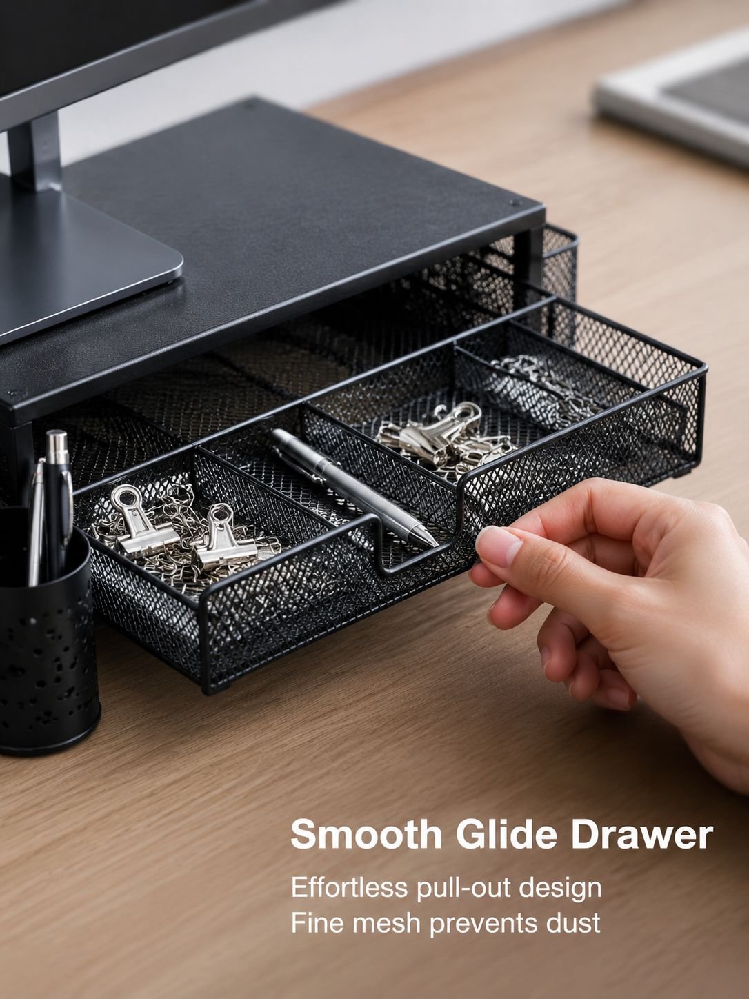 Compact two-tier office desk storage organiser