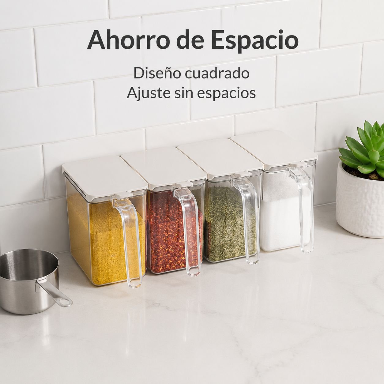 Recipiente japonés para especias con diseño transparente y asa