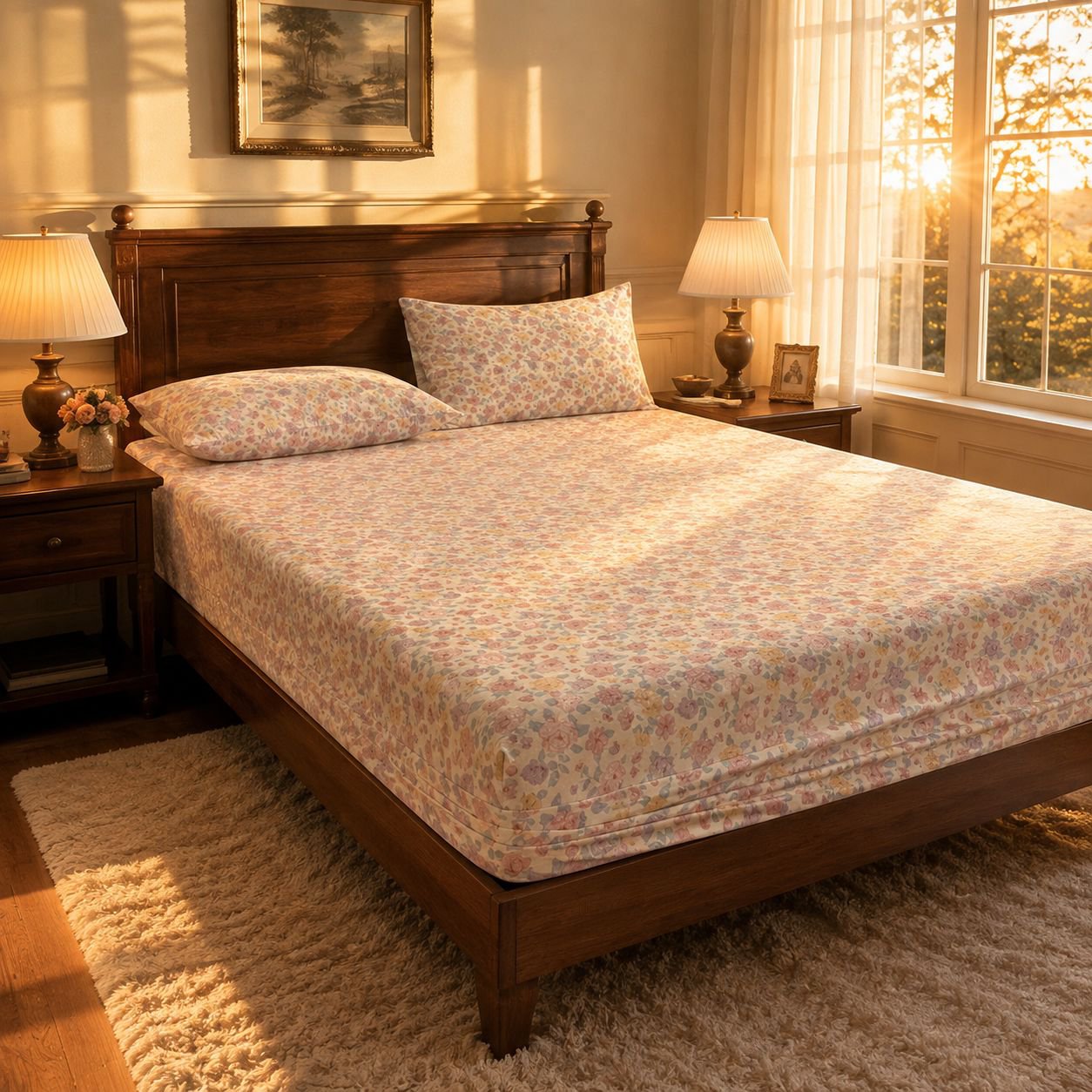 Romantic color soft bed skirt and sheet set display