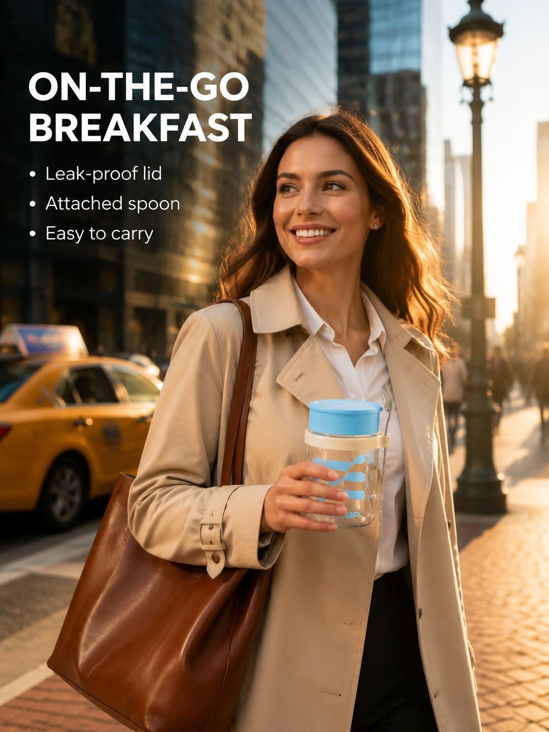 Breakfast cup, oatmeal cup, airtight glass jar with lid and spoon, portable milkshake, yogurt, grano