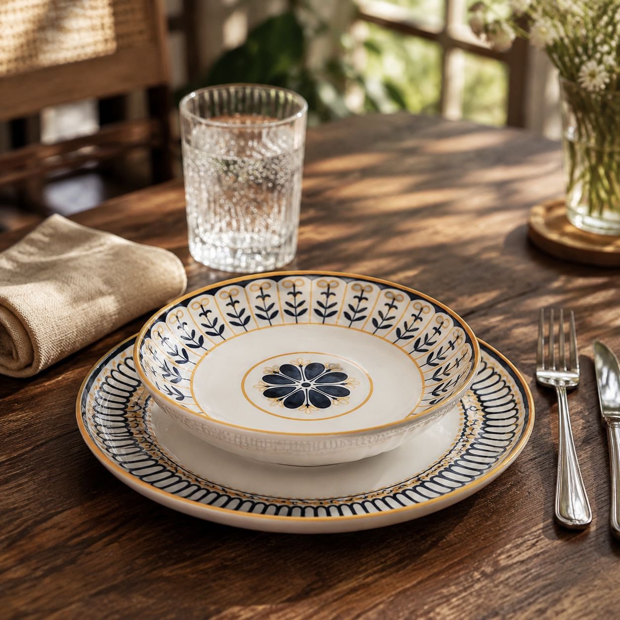 Patterned Pottery Bowl and Plate Set