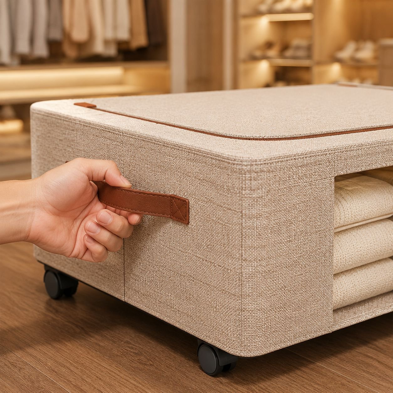 Sustainable cotton linen underbed storage solution