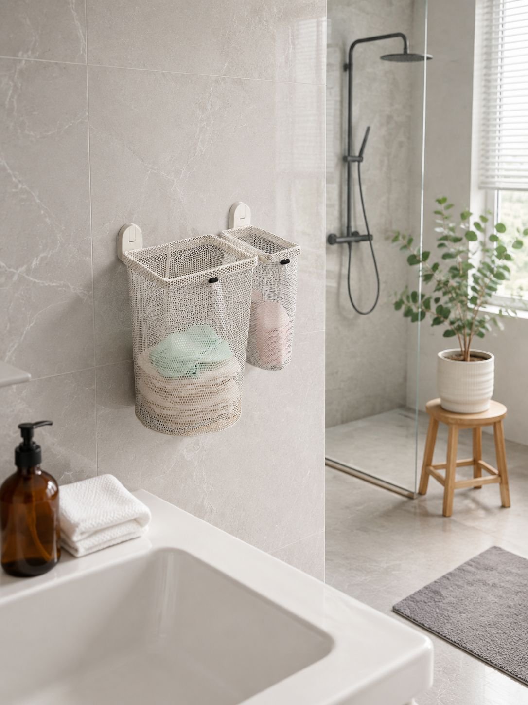 Double suction cup wall-mounted laundry basket installed in bathroom