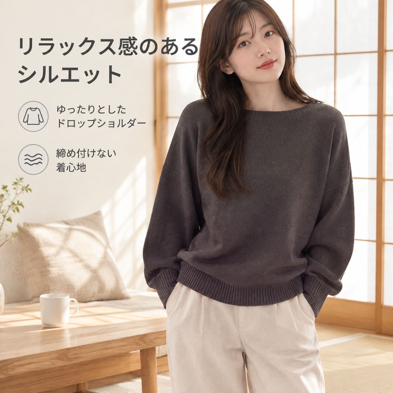 レディース オフショルダーニットセーター（リラックスフィット）