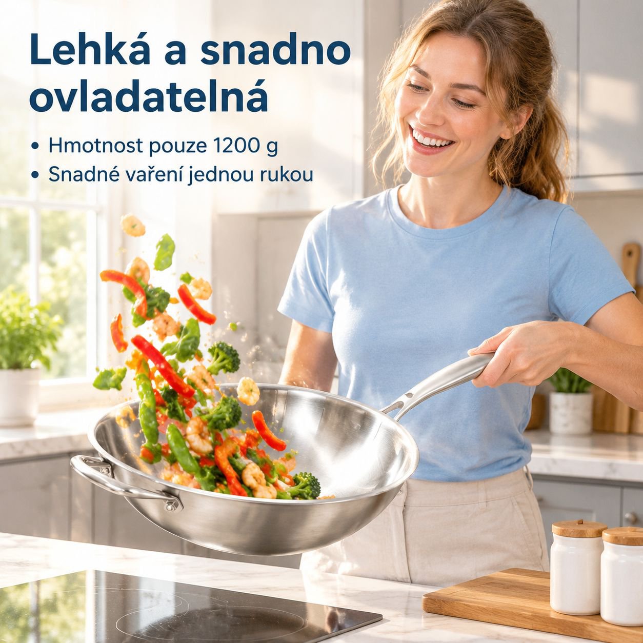 Zesílená pánev Wok z nerezové oceli 316 bez povrchové úpravy, pro indukci a plyn