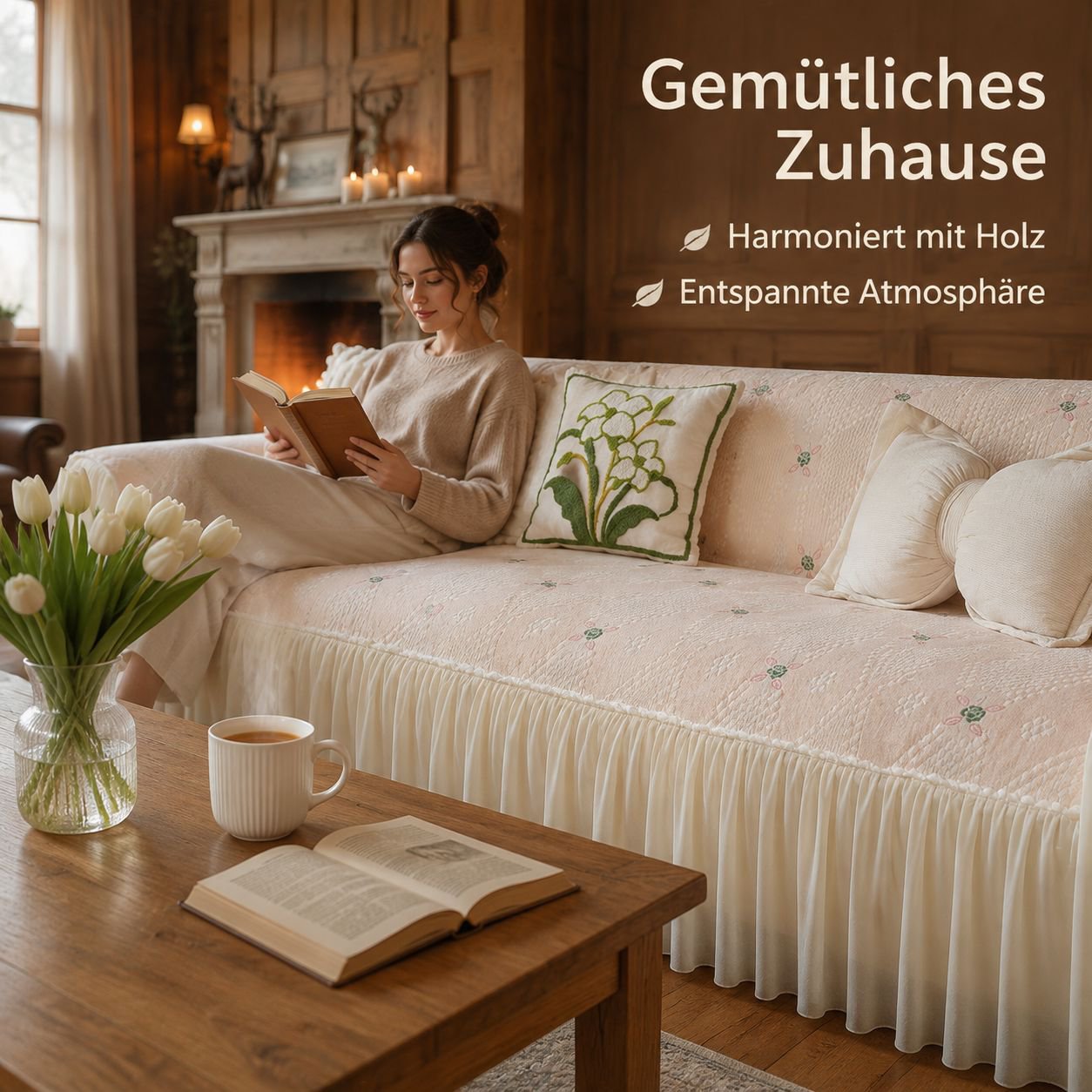 Vollständige Sofahusse mit Spitzenrüschen, Chenille-Stoff im Cream-Stil