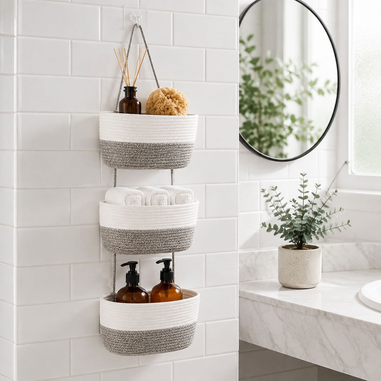 JMY panier suspendu à trois couches panier de rangement tissé en corde de coton