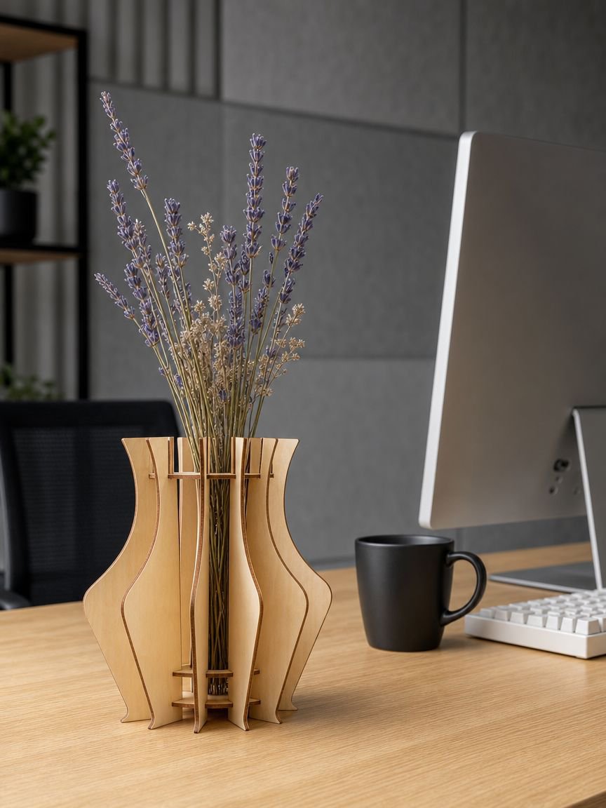 Minimalist flower vase holder in natural wood finish