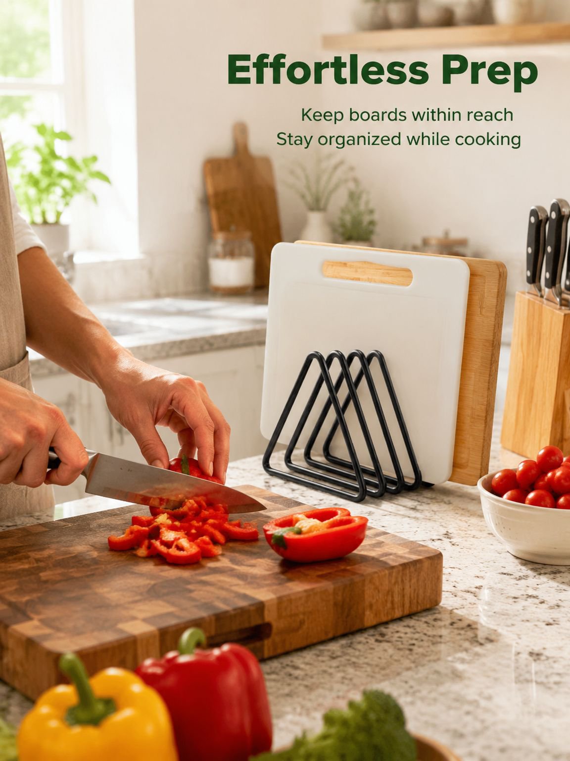 Compact upright cutting board rack for home kitchen storage