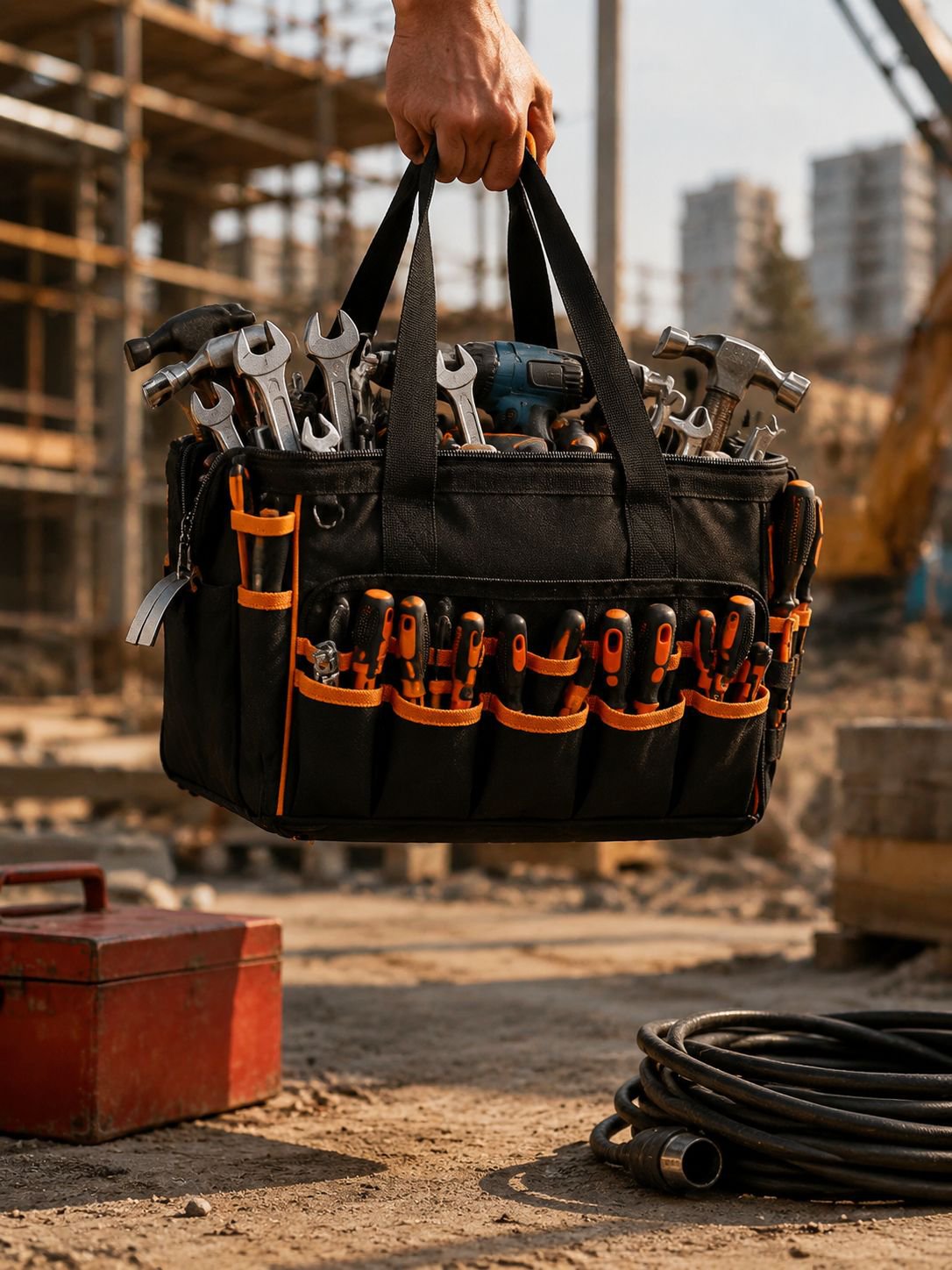 17-inch Heavy Duty Electrician Bag for Men, Foldable Wide-Mouth Storage Bag with Adjustable Shoulder