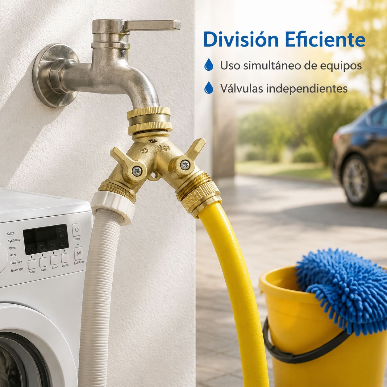 Distribuidor bidireccional tipo Y de latón con dos válvulas independientes para grifos.