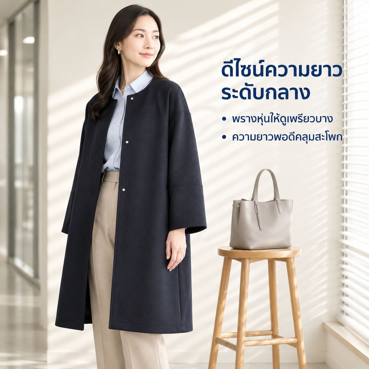 เสื้อโค้ทผู้หญิงแบบเรียบ เหมาะสำหรับฤดูใบไม้ผลิ ฤดูใบไม้ร่วง และฤดูหนาว
