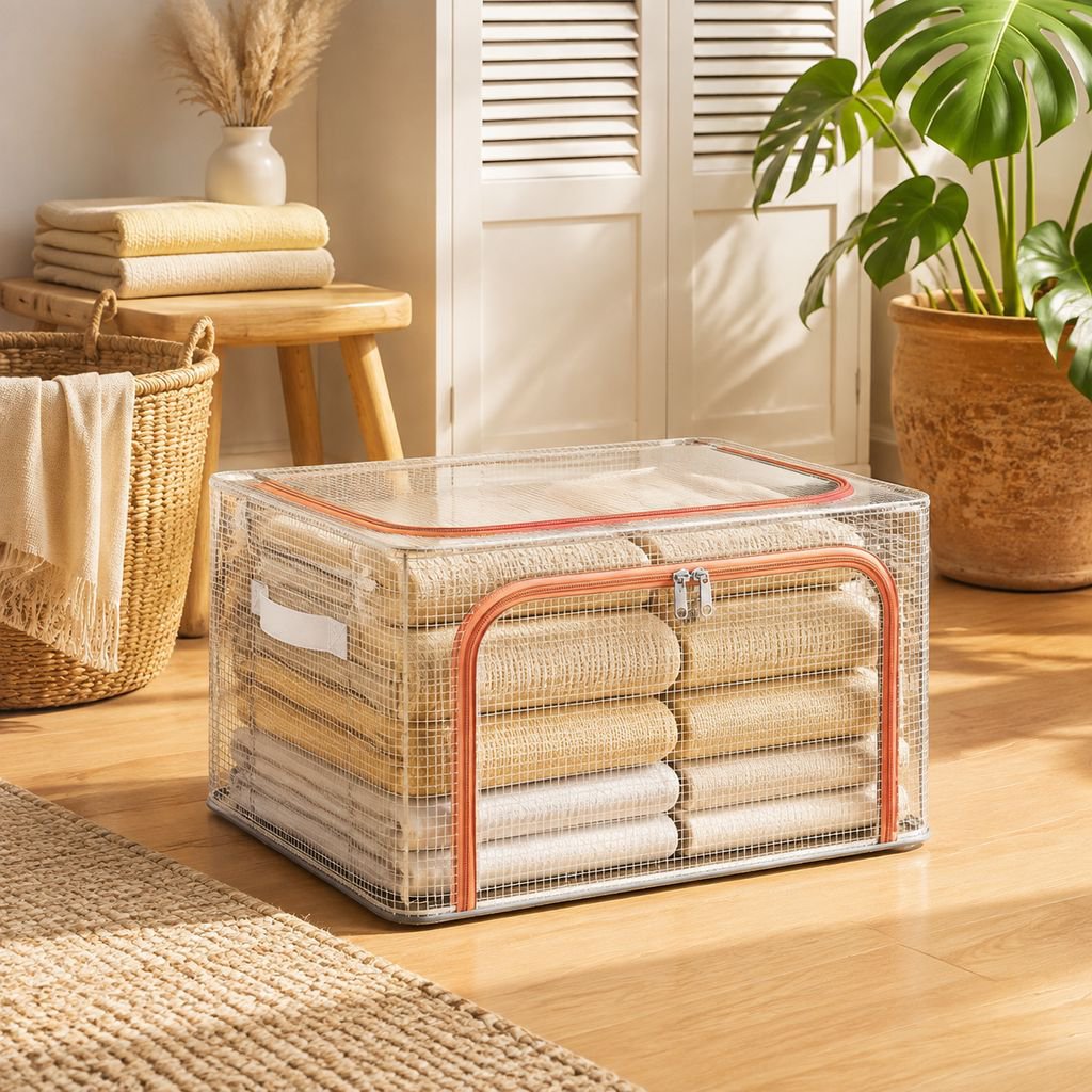Nueva caja de almacenamiento de ropa de malla de PVC transparente, caja de almacenamiento de ropa pa