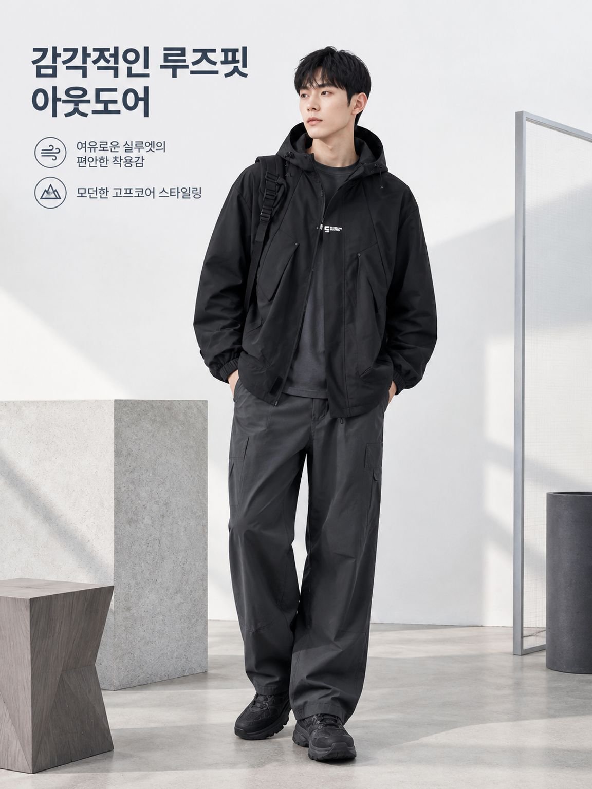 남성 아웃도어 등산 방풍 재킷 루즈핏 트레이닝 아우터 후드 봄가을 카고 자켓