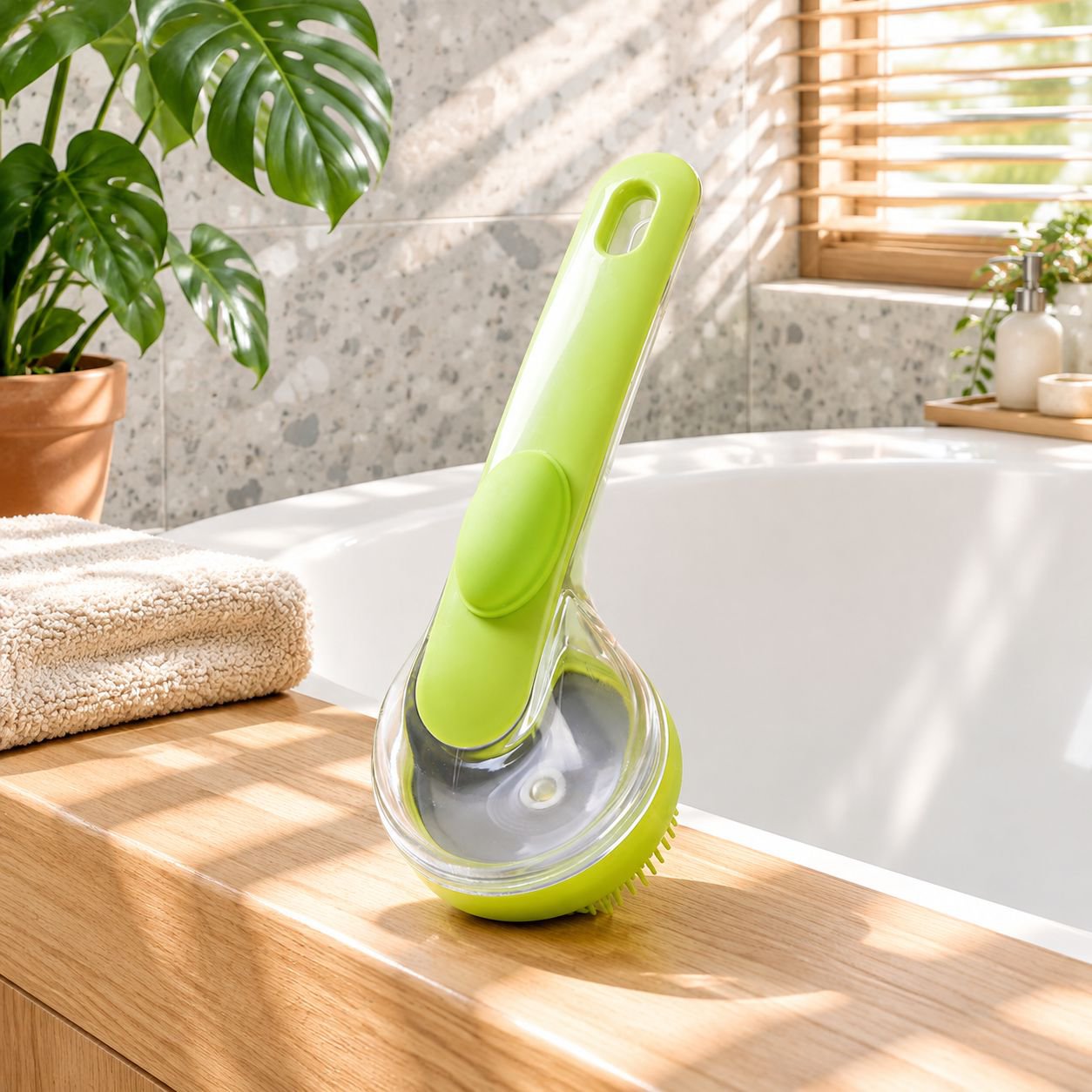 Pet Long Handle Bath Massage Brush with Shampoo Push Out Function