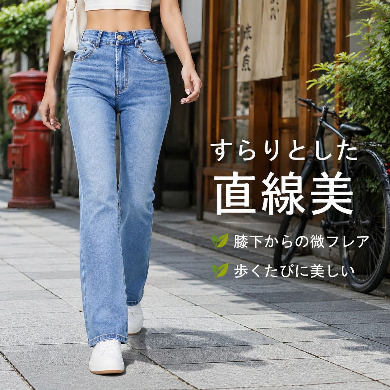 ハイウエストストレートスリムレディースライトブルージーンズ